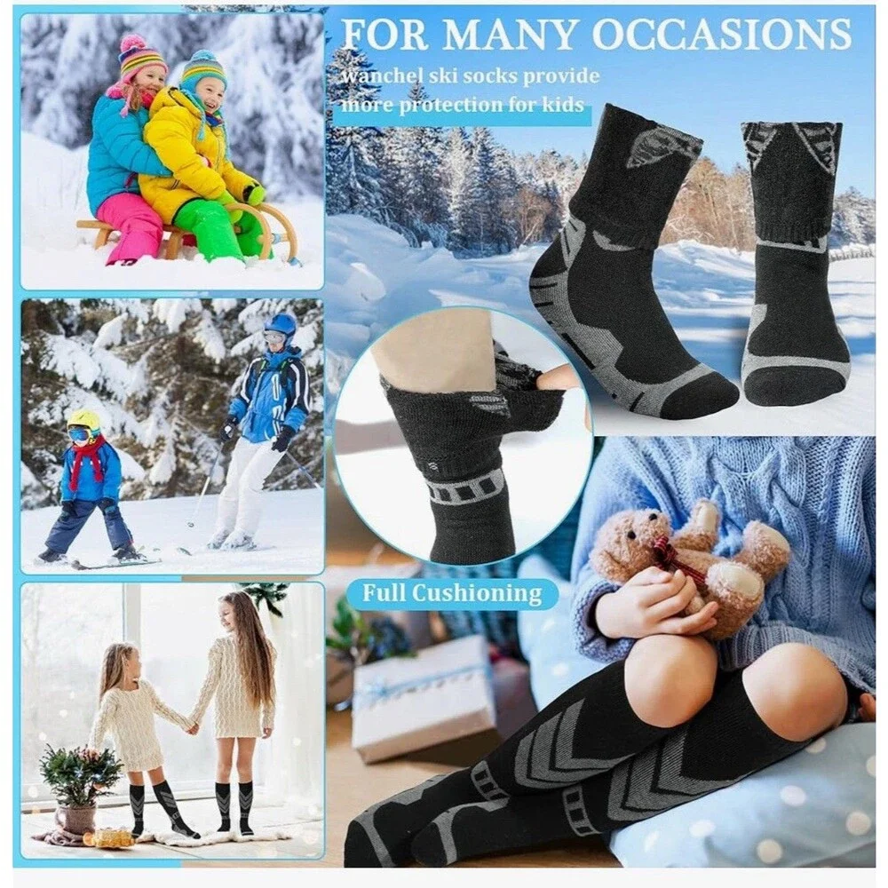 Warm Kids Ski Socks - 2 Pairs Merino Wool Skiing Socks Winter size 11-13 Black